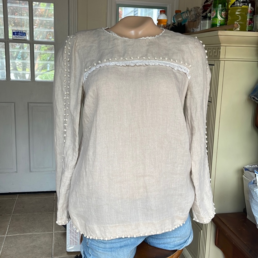 J. Crew Linen LS Beige Top with White Pom Pom Accents Sz 2